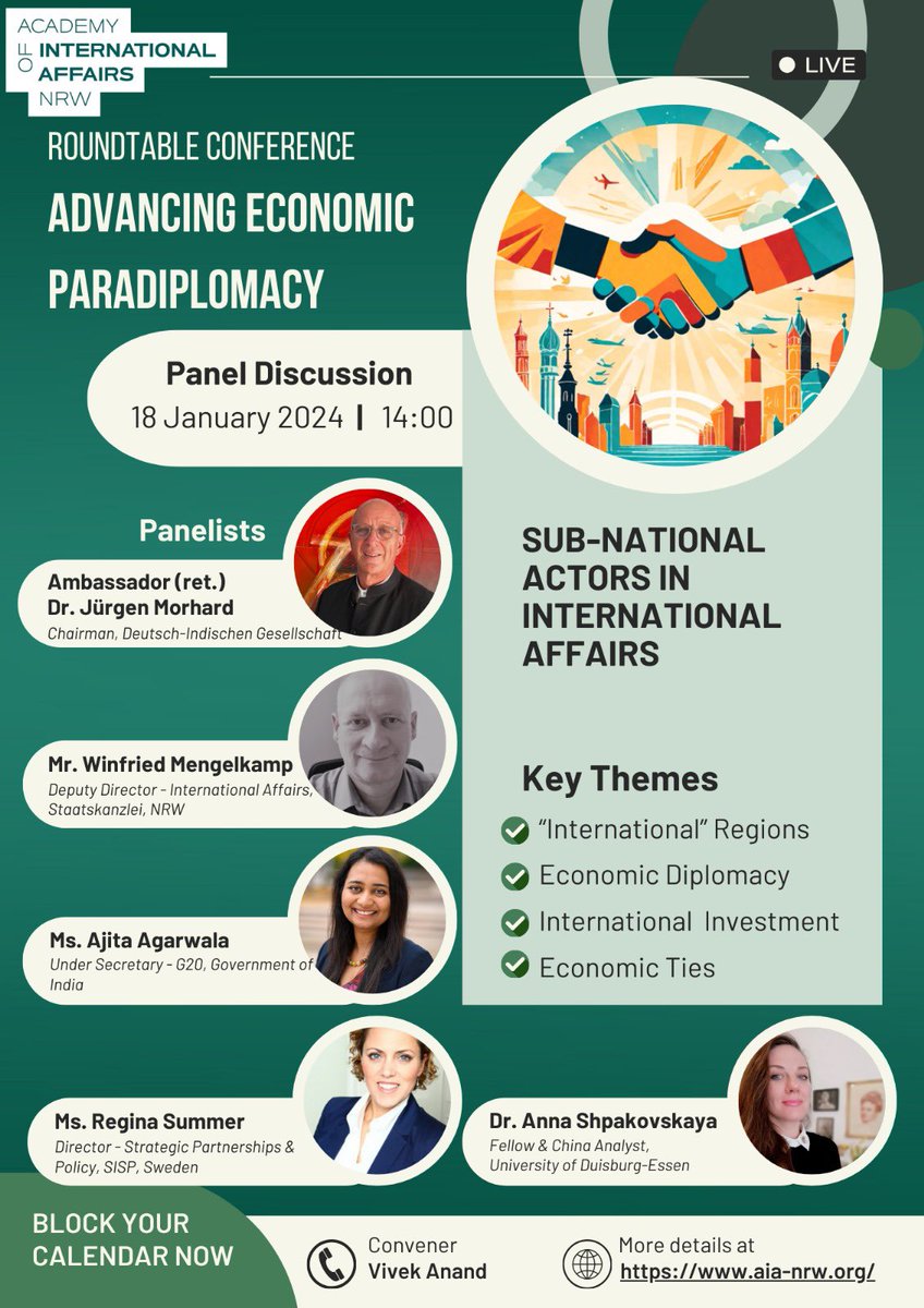 Thrilled to be taking part in this #AiA-NRW conference exploring the exciting world of Economic Paradiplomacy! 🚀 #paradiplomacy #economicdevelopment #internationalrelations“ Grateful to the convener Vivek Anand, Ministry of Finance, India