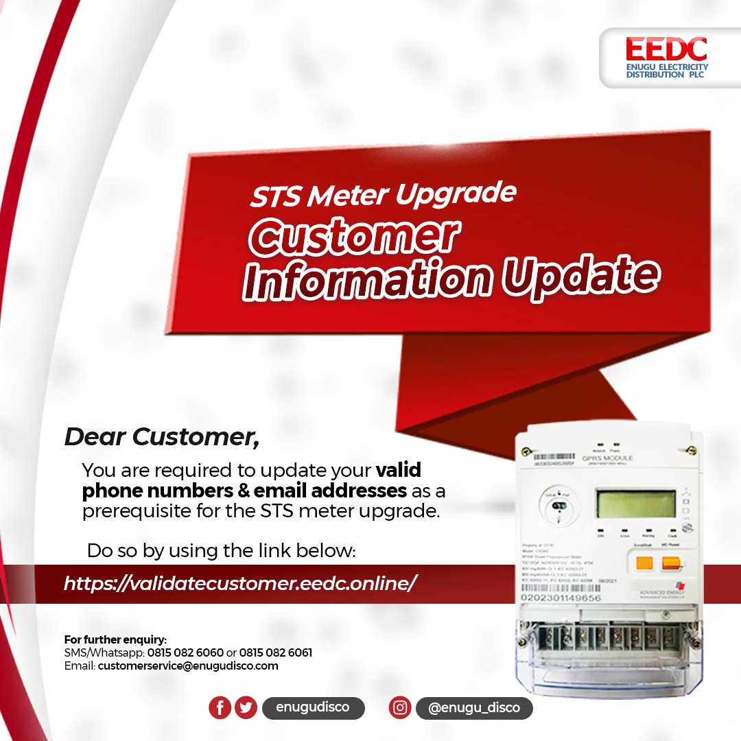 enugudisco's tweet photo. Have you updated your details in the ongoing Customer Information Update, in readiness for the Prepaid Meter Upgrade?
Do so by clicking this link: https://t.co/XoxuHB4CNO
#MeterUpgrade
#InformationUpdate
#EEDCares https://t.co/bhZ2sbzbRu