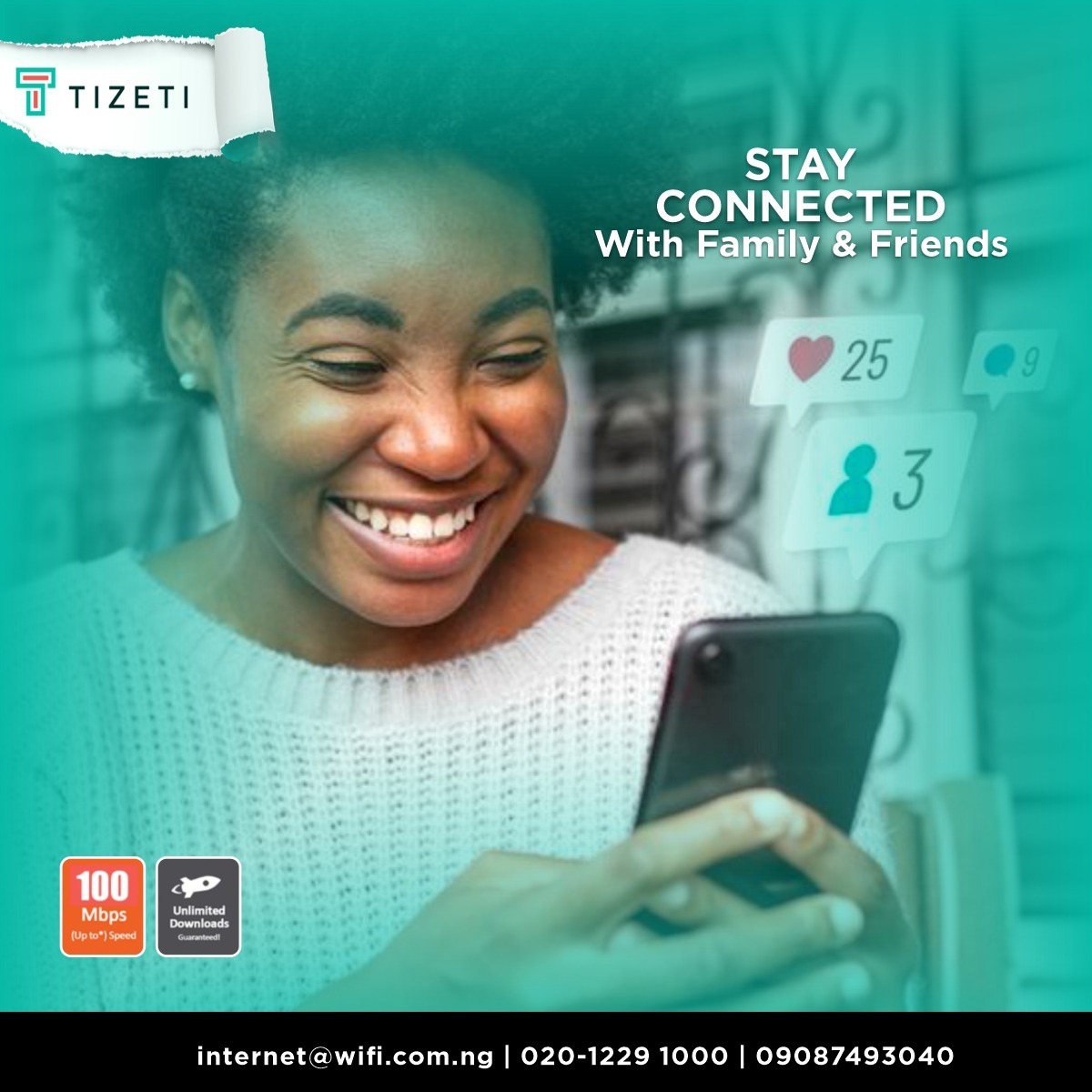 tizeti's tweet photo. Don't let distance or data limits keep you apart from the people you care about. Stay connected, stay close, and create indelible memories with our unlimited internet. Sign up today and experience a whole new level of connectivity with those you love.

📞 P: 02012291000, 09087493040📧 E: sales@tizeti.com
#ConnectingAfrica #Digital #UnlimitedInternet #Tizeti #Broadband #Inclusion #DigitalInfrastructure #Africa