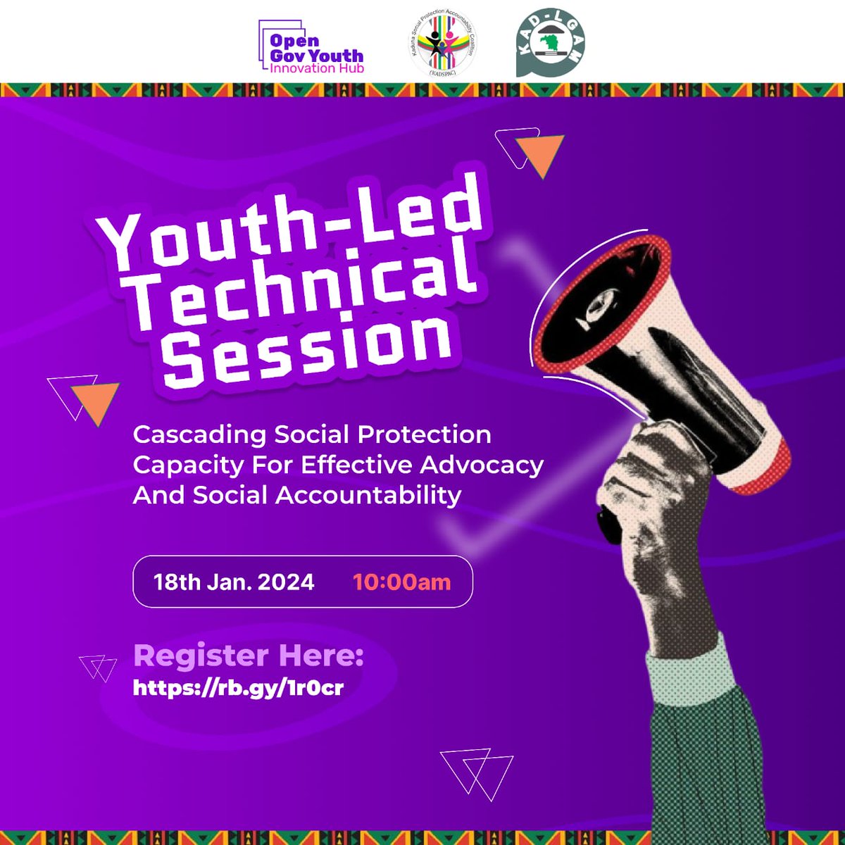 Hi there, Are you interested in building your capacity on social protection? 
<a href="/kadspac/">Kaduna Social Protection Accountability Coalition</a> in Collaboration with <a href="/OpenGovYouthKD/">Open Gov Youth Innovation Hub Kaduna</a> and <a href="/Lgam_Kad/">Local Government Accountability Mechanism - LGAM</a>
invites you to participate . 

Date: Thursday, 18th January 2024
Registration Link for virtual participants: rb.gy/1r0cr