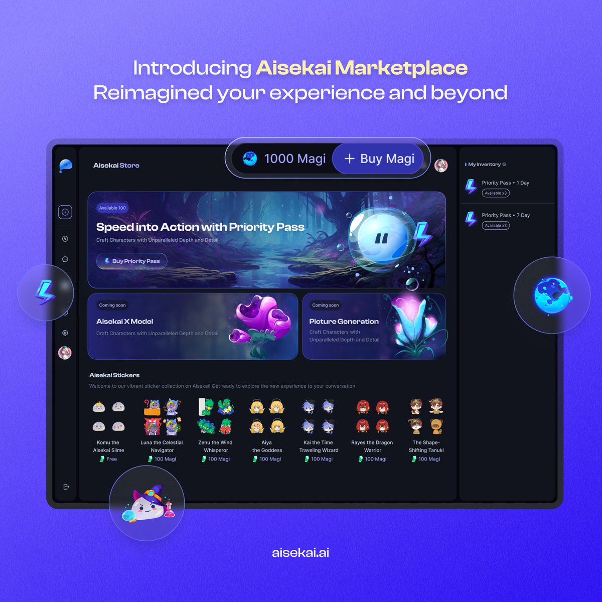 Introducing our latest update: Aisekai Marketplace &amp; Character V2 Beta🪄

Reimagined Your Experience and Beyond:

- Discover new utilities using Magi Credit
- Premium Server (Arcanix) for unpaused experience
- Beta Testing on Knowledge-base V2

Play Now🎮: aisekai.ai