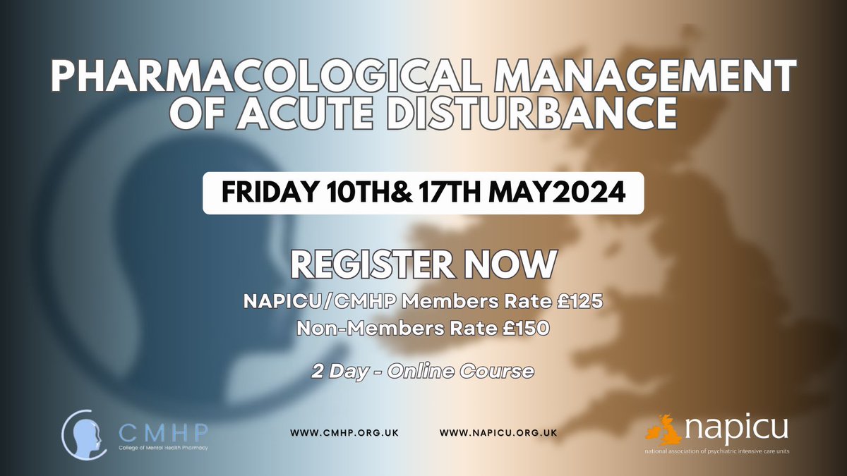 Exciting News... 'Pharmacological Management of Acute Disturbance' online course is back in May 2024 Perfect for nurses, doctors, pharmacists, and more in mental health, forensic, or acute settings. Led by experts! Don't miss out! Click for details: lnkd.in/eeDtaVad