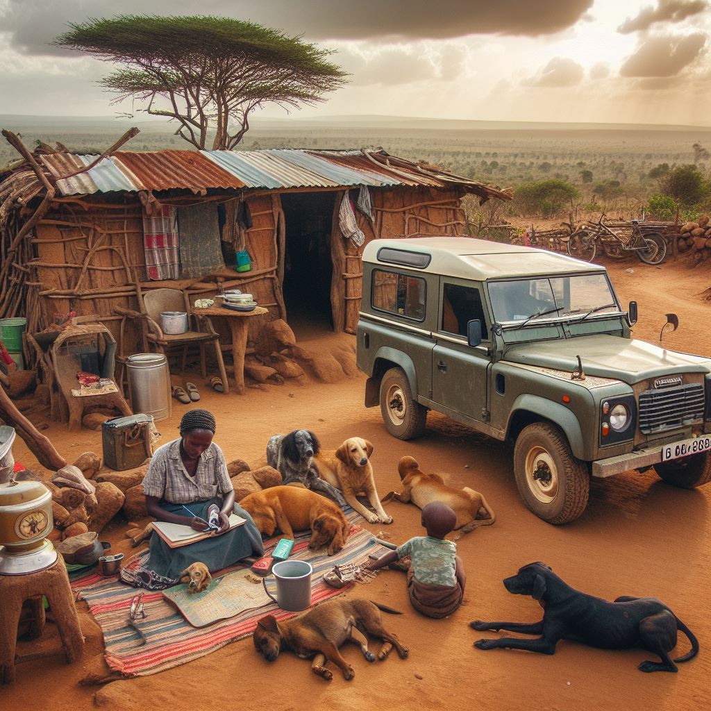Caradvicekenya's tweet photo. My instructions to AI 👇

A poor kenyan homestead in the village with a first generation landrover defender and dogs around. A woman can be on a mat doing some work.

The Results: https://t.co/fDAX2J7wEl