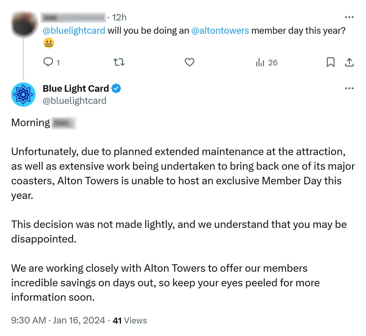 TowersTimes's tweet photo. Today, the Blue Light Card organisation have confirmed that the annual pre-season buyout day for members will not be going ahead, citing "Due to planned extended maintenance at the attraction, Alton Towers is unable to host an exclusive Member Day this year". https://t.co/eXjFkynIU3