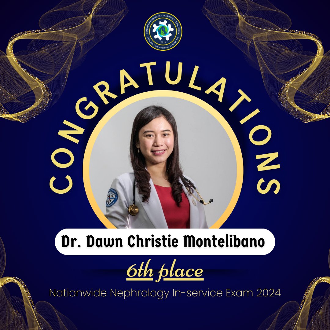 core_cducm's tweet photo. Let us give a round of applause to Dr. Dawn Christie Montelibano, CORE Alumni, for seizing the 6th place in the Nationwide Nephrology In-service Exam 2023! CORE congratulates you in your incredible success! More blessing in your future endeavors 💙💛🤍
#corhonoris https://t.co/zUcorVYG5F