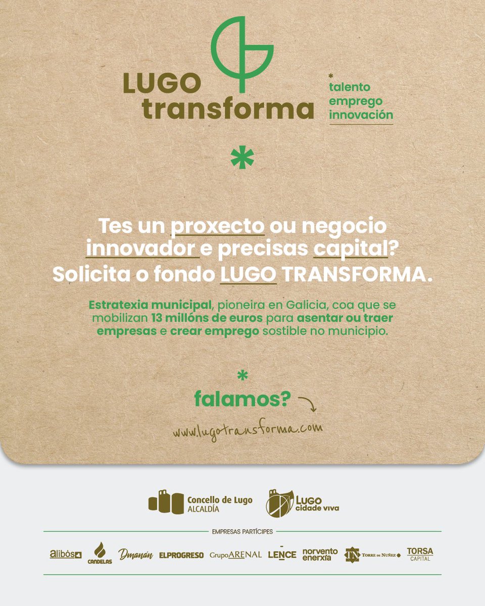 concellodelugo's tweet photo. 💵💼🍃🚀 Tes un proxecto ou negocio innovador, precisas capital e aínda non coñeces o #LUGOTRANSFORMA?
Bótalle un ollo á web da estratexia municipal, pioneira en #Galicia, para crear #emprego asentando ou traendo #empresas ao noso #Lugo.
ℹ https://t.co/Zby2axCgks https://t.co/dYv6K2lBN0