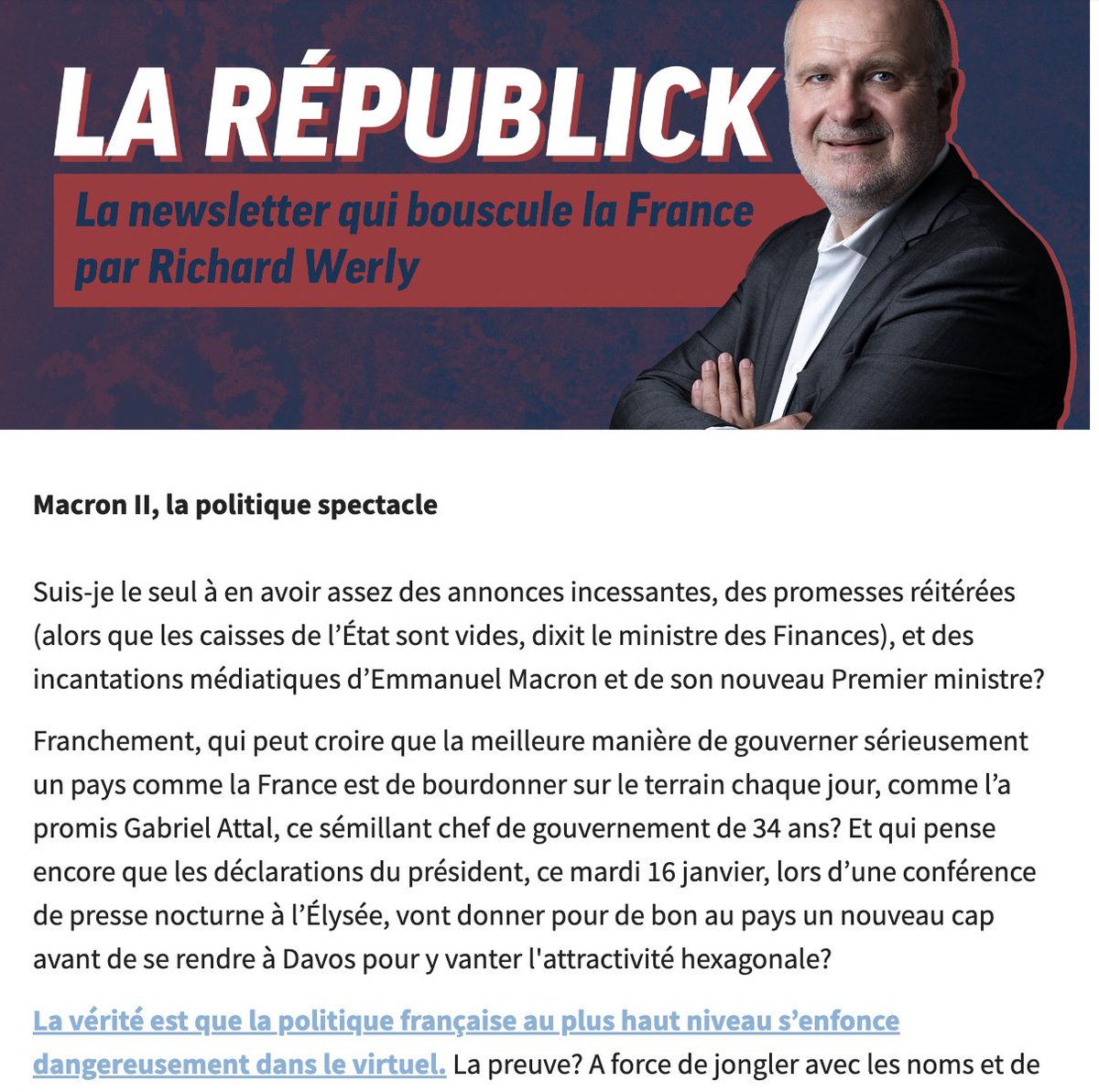 Vu, de Suisse, la révolution <a href="/GabrielAttal/">Gabriel Attal</a> est-elle crédible ? On en parle ds Républick, la Newsletter gratuite qui raconte le pays d'Astérix en version helvétique. Avec notre podcast «Helvetix Café» en prime. Et c'est gratuit . Abonnez-vous us1.campaign-archive.com/?u=702d310c42d…