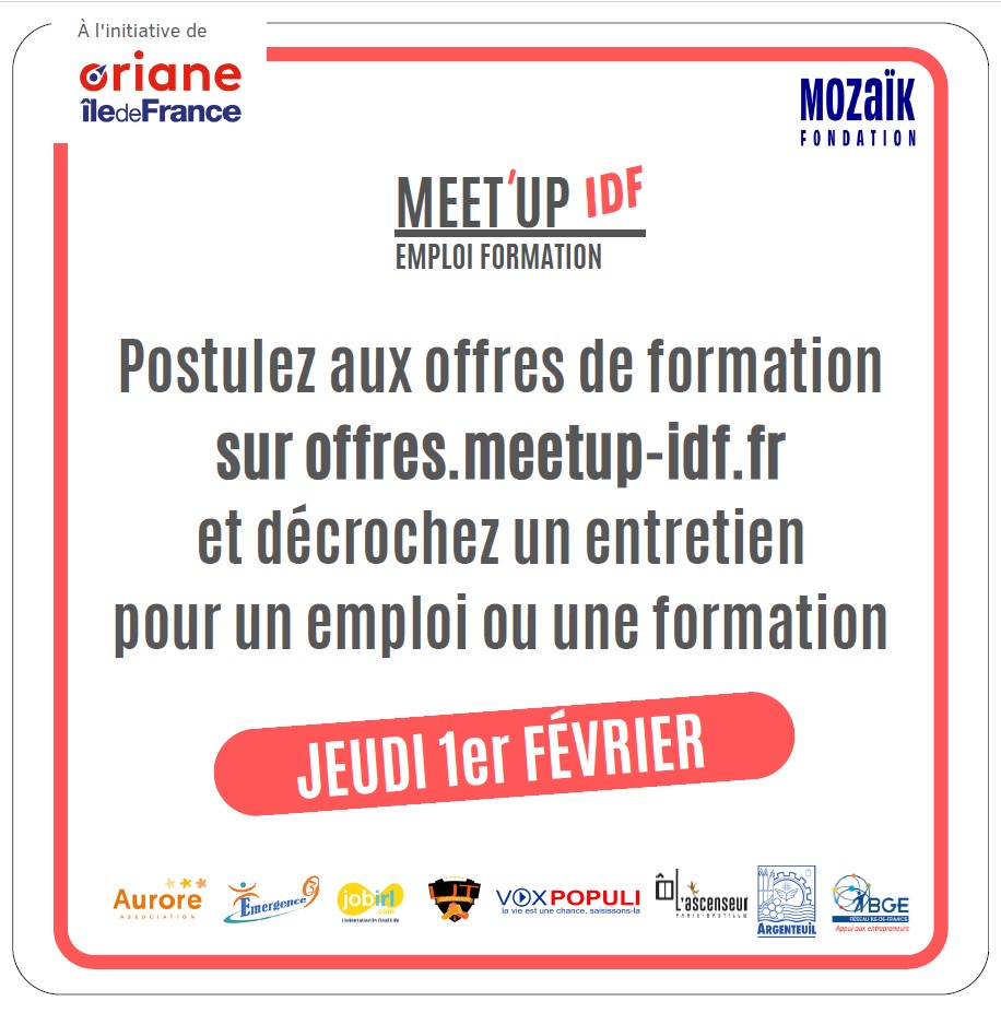 iledefrance's tweet photo. #MeetUpIDF | đŒ Vous habitez dans le @valdoise, vous nâavez pas le bac, et vous recherchez un #emploi ou une #formation ?
Inscrivez-vous au MeetâUp de la #RĂ©gionIDF, organisĂ© par la @MozaikFondation !
đïž 1/02 Ă @VilleArgenteuil (95)
Plus d'infos —ïž
https://t.co/hIUDzZQkPK https://t.co/iUPX0TLAEN