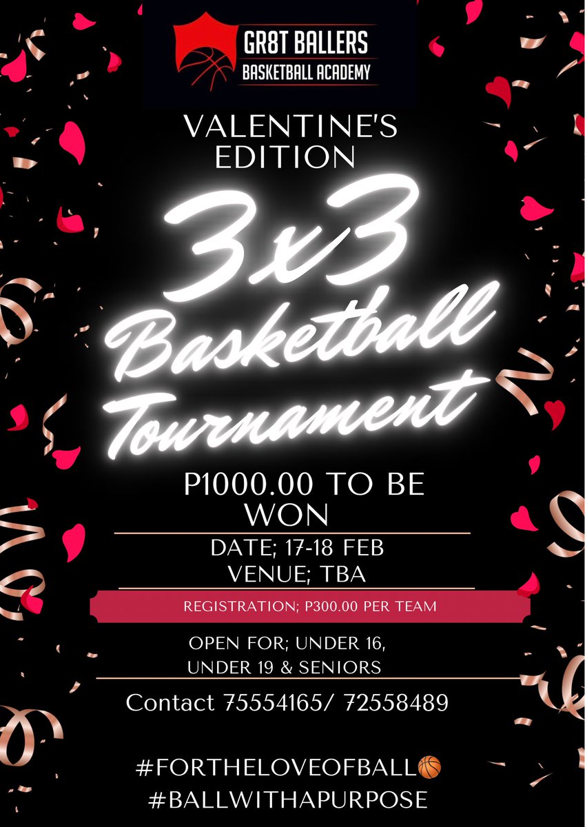 RE ON KA 17-18th FEBRUARY 📌

Get those teams ready for a showdown next month as we will be celebrating love hoopers way❤️

Registration is P300.00 per team and stand a chance to win P1000.00❗️

NB; Registration link will be posted soon📲