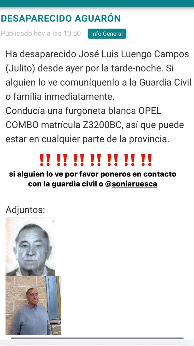 noeeliagmz7's tweet photo. ‼️‼️‼️‼️‼️‼️‼️
DESAPARECIDO EN AGUARÓN ( ZARAGOZA) COMPARTID PARA QUE PUEDA LLEGAR A LA MÁXIMA GENTE POSIBLE, si alguien lo ve que contacte con la guardia civil o @soniaruesca https://t.co/75hBZDbQfQ