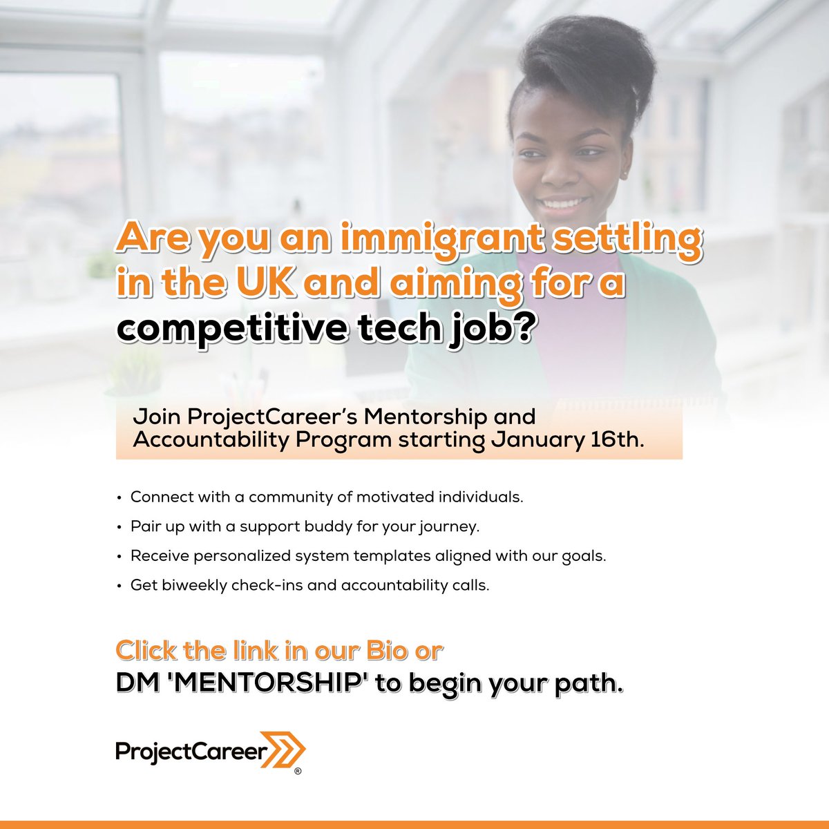 Embarking on a new chapter as an immigrant in the UK, striving for a competitive tech career? Join ProjectCareer’s Mentorship 
Program starting today!
Click the link in our Bio or DM ‘MENTORSHIP’ to begin your path with ProjectCareer. #TechCareer #MentorshipJourney #ProjectCareer