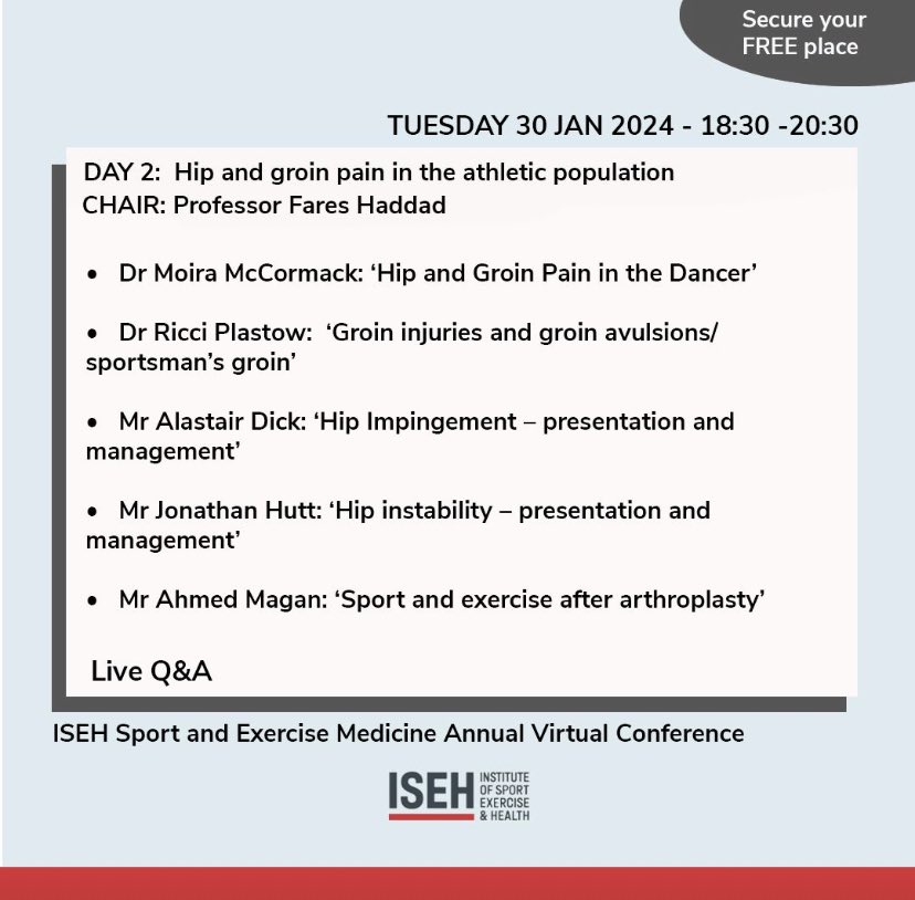 TheISEH's tweet image. Join us for our FREE two-day ISEH SEM Annual Virtual Conference series, taking place soon on Monday 29 &amp;amp; Tuesday 30 Jan from 6:30pm-8:30pm👇(swipe)

🧠Optimising Brain Health in Contact Sports Athletes

🏃Hip and groin pain in the athletic population

👉🎟️tinyurl.com/3zjh6u55