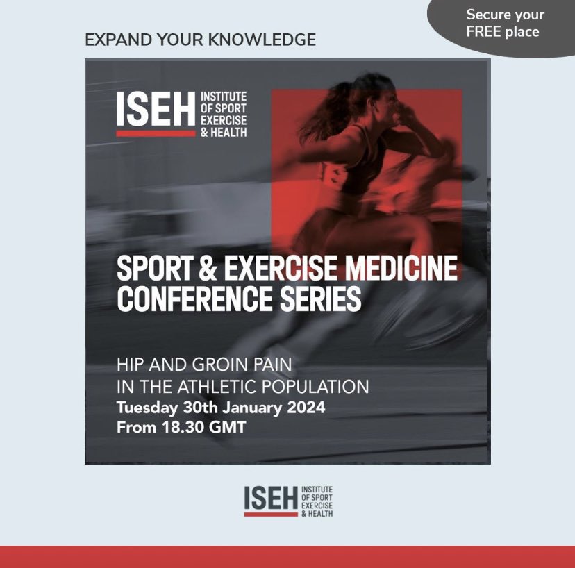 TheISEH's tweet image. Join us for our FREE two-day ISEH SEM Annual Virtual Conference series, taking place soon on Monday 29 &amp;amp; Tuesday 30 Jan from 6:30pm-8:30pm👇(swipe)

🧠Optimising Brain Health in Contact Sports Athletes

🏃Hip and groin pain in the athletic population

👉🎟️tinyurl.com/3zjh6u55