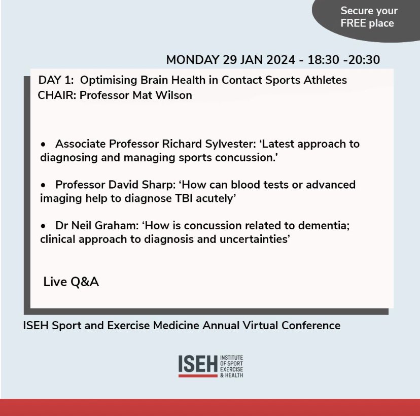 TheISEH's tweet image. Join us for our FREE two-day ISEH SEM Annual Virtual Conference series, taking place soon on Monday 29 &amp;amp; Tuesday 30 Jan from 6:30pm-8:30pm👇(swipe)

🧠Optimising Brain Health in Contact Sports Athletes

🏃Hip and groin pain in the athletic population

👉🎟️tinyurl.com/3zjh6u55