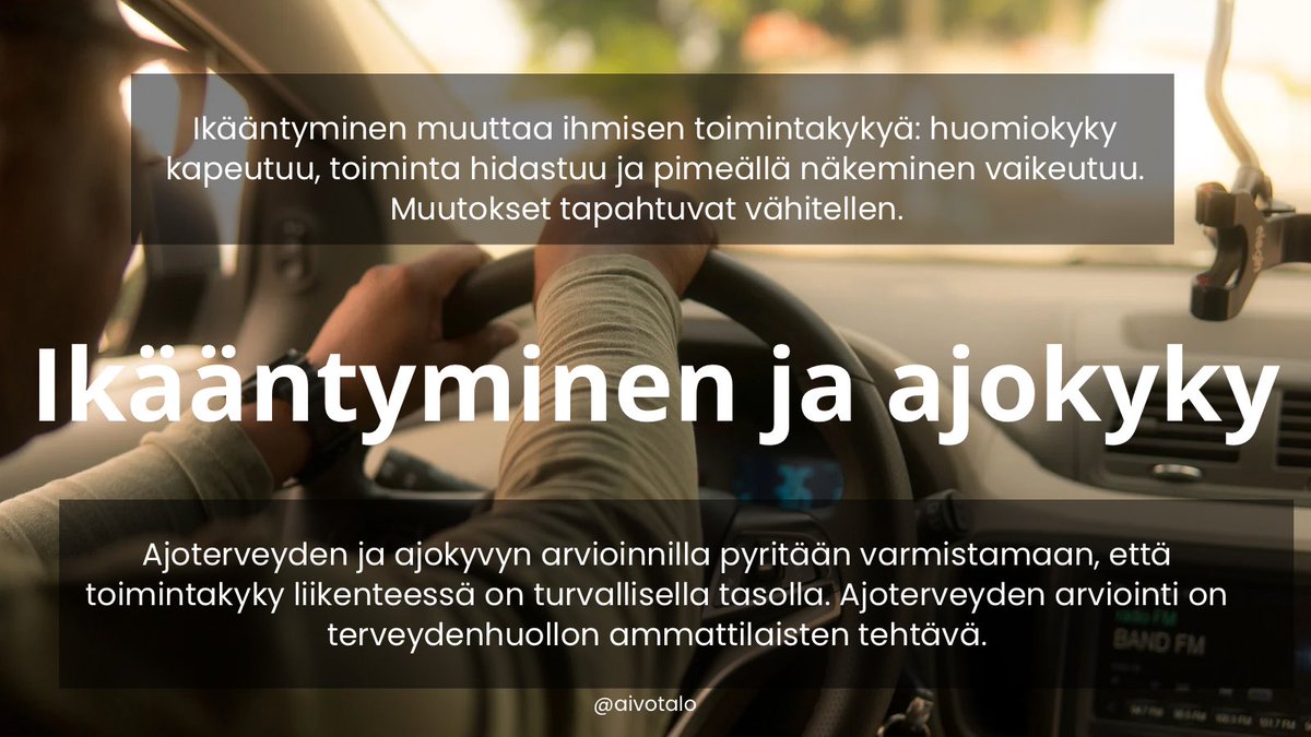 aivotalo's tweet photo. Ajoneuvon kuljettaja on oman terveytensä ja turvallisuutensa lisäksi aina vastuussa myös muista liikenteessä liikkuvista. 

Ajokyvyn muutos voi olla lyhytkestoinen tai pysyvä. Hoitava lääkäri vastaa ajokyvyn arviosta ja pyytää tarvittavat lisätutkimukset.

https://t.co/3XquCI8sfI https://t.co/07bML5ljy2