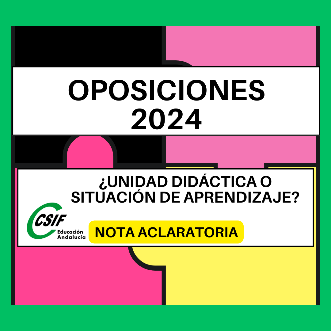 CSIFenseA's tweet photo. ‼️#OPOSICIONES - ¿UNIDAD DIDÁCTICA O SITUACIÓN DE APRENDIZAJE? NOTA ACLARATORIA

‼️‼️   En el día de hoy se hará pública una nota aclaratoria en relación a las  oposiciones a celebrar en 2024. Debido a las dudas que han surgido tras  la publicación de la convocatoria, la solución que se hará pública en  la nota aclaratoria es que:

📌 Para enseñanzas de régimen  general: Deberá presentarse una unidad didáctica que incluya, al menos,  una situación de aprendizaje.
📌 Para enseñanzas de régimen especial: Se seguirá presentando la unidad didáctica.

ℹℹ Más información AQUÍ
https://t.co/tbtniGY4WI

🍏 CSIF Educación Andalucía - #CSIFenOpos
