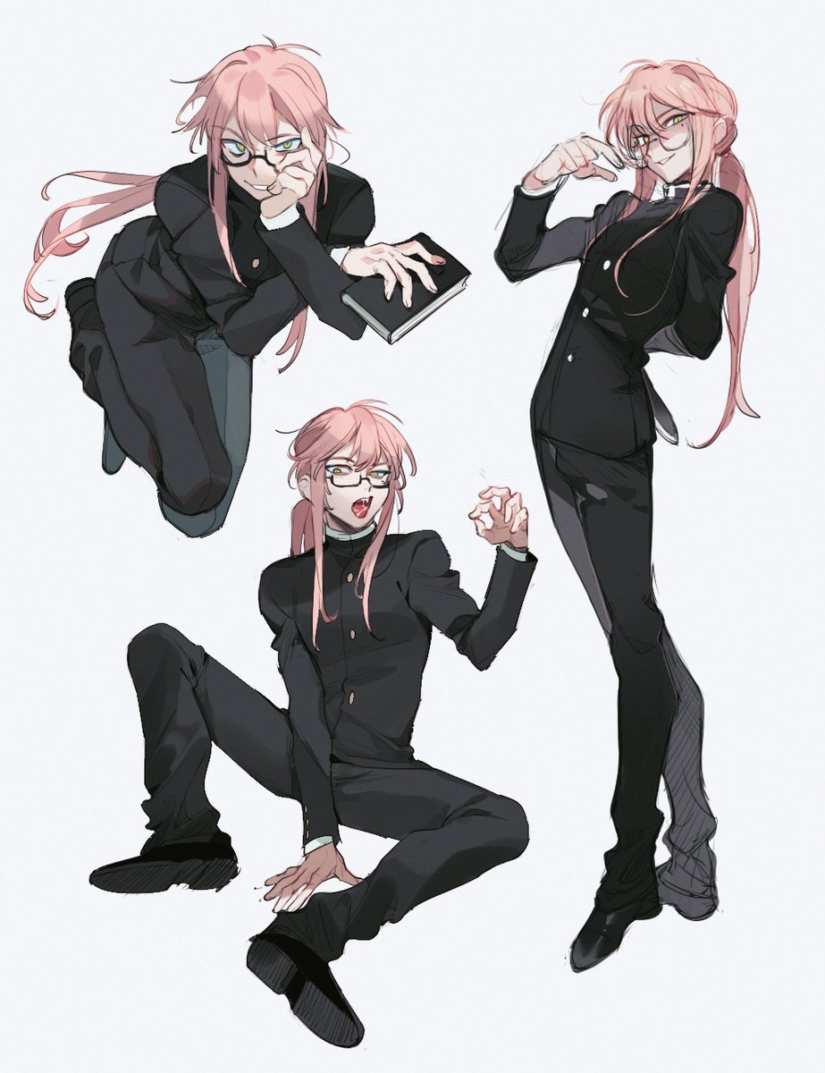glasses long hair pink hair school uniform gakuran ponytail male focus  illustration images