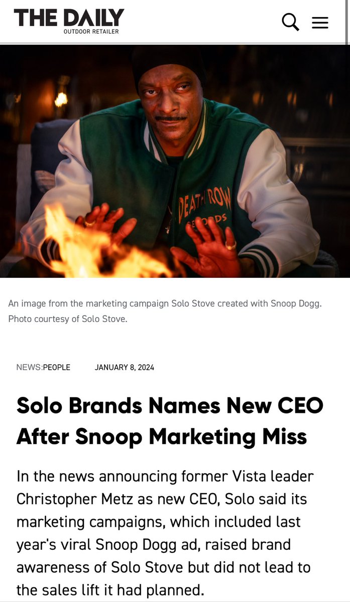 jdaykin's tweet photo. A lot of people quite liked the Snoop Dog ‘smokeless’ social stunt last year for Solo Stove. Not their Board, who fired their CEO after it didn’t drive sales.

Maybe we celebrate the wrong things? But maybe they’re also wrong to judge an equity campaign on short term sales. 🤷‍♂️ https://t.co/1gY31vnYiB