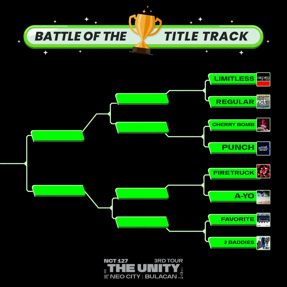 dnmentph's tweet photo. It's time for the best title tracks of NCT 127 to battle it out! Support your favorite track and participate in all polls until the finale and get a surprise.

🗓️2024.01.21 |  6:30 PM
📍Philippine Sports Stadium
🎫SM Tickets

#NCT127 #NEOCITY
#NEOCITY_THE_UNITY
#NCT127_NEOCITY_THE_UNITY
#NEOCITY_THE_UNITY_in_BULACAN