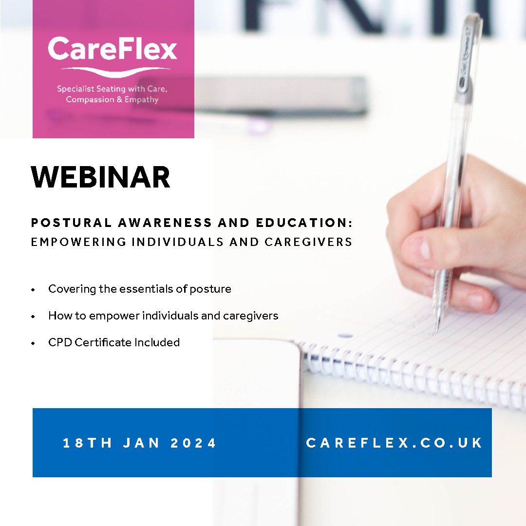 CareFlexSeating's tweet photo. Join us on 18th January on Teams or Zoom for an insightful session on Postural Awareness and Education: Empowering Individuals and Caregivers.
Plus, earn a CPD certification!
Save your spot now - https://t.co/9jZOiZVn4g
#PosturalAwareness #CareEducation #Webinar #CareFlex https://t.co/SOEHWxaXNr