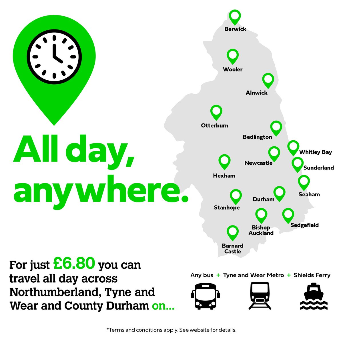 transport_north's tweet photo. Travel #AllDayAnywhere in the region for just Β£6.80, plus
All of County Durham for Β£4
All of Northumberland for Β£5
All of Tyne and Wear for Β£6
...That includes unlimited journeys in one day!
A more affordable and greener way to #GetRound π https://t.co/ZezvmIa8Q6 https://t.co/HyazvMVtUE