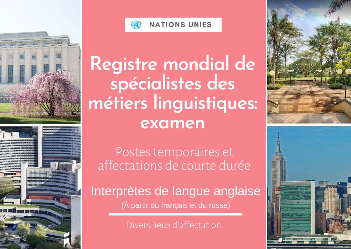 📢Appel aux #interprètes #anglais ayant une excellente connaissance du #français et du #russe.   

Si vous cherchez un poste temporaire à l'@ONU, passez notre examen pour intégrer le Registre mondial de spécialistes.  

Postulez avant le 9 février 2024👉bit.ly/3tY3MC3