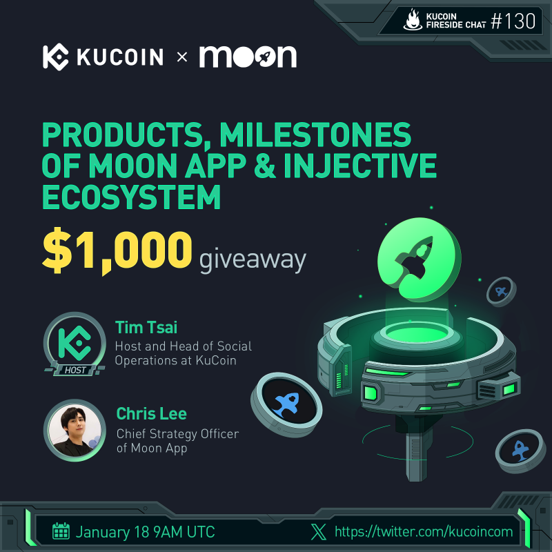 kucoincom's tweet photo. 🌕Explore the journey of Moon App &amp; the thriving Injective Ecosystem in our next #KuCoin X Space!
 
🎁$1,000 USDT (10 winners)
 
1️⃣Follow @kucoincom &amp; @MoonAppOfficial
2️⃣RT, like, tag 2 friends
3️⃣Fill in the form: https://t.co/3Bhwe8aveM
4️⃣Join the space
 
✅Set reminder