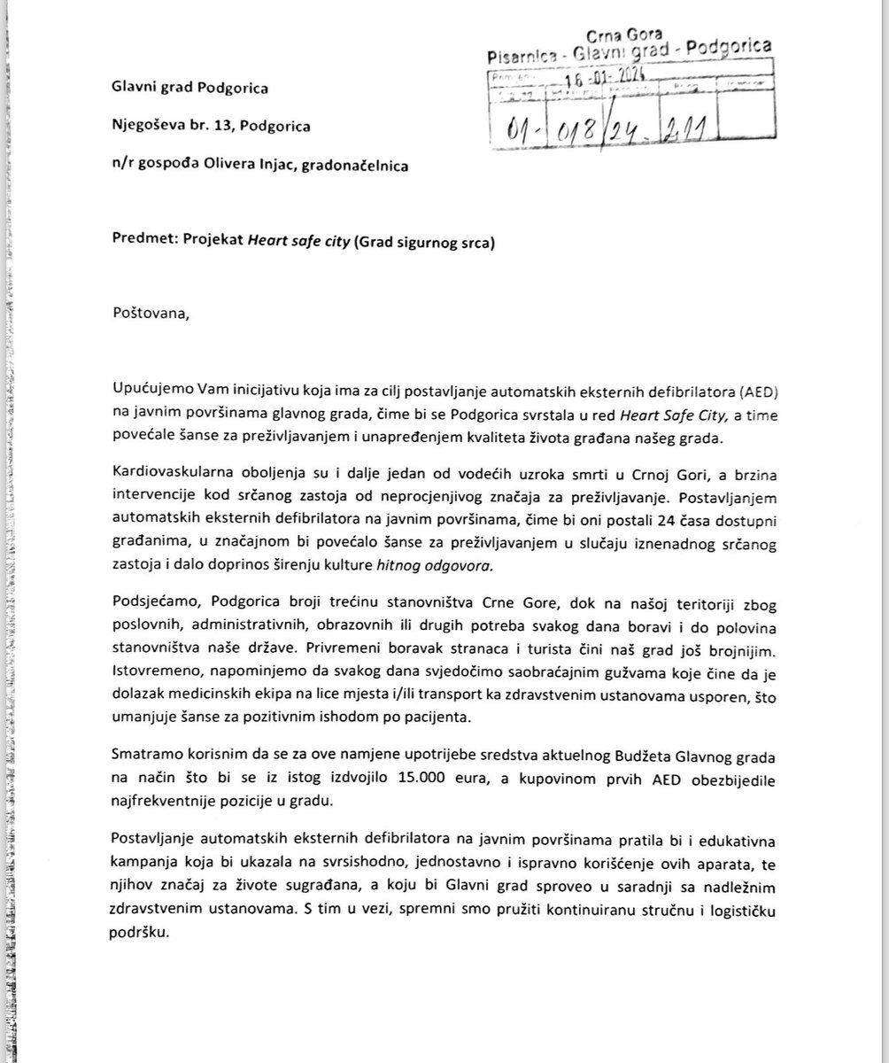 drmmaja's tweet photo. Danas smo gradonačelnici Podgorice predali inicijativu za projekat Podgorica - Grad sigurnog srca ( Heart safe city )
@SladjaVujacic @drNerminAbdic @DPSCrneGore
Svaki sekund je važan u spašavanju života, u slučaju nastanka iznenadnog srčanog zastoja ❤️🩹
#HeartSafeCommunity https://t.co/VPW3hPPpXS