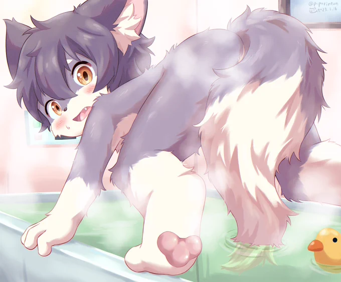 お風呂が怖いけど入らないと怒られるので頑張って恐るおそるしっぽから浸かろうとするケモショタは可愛いね… 