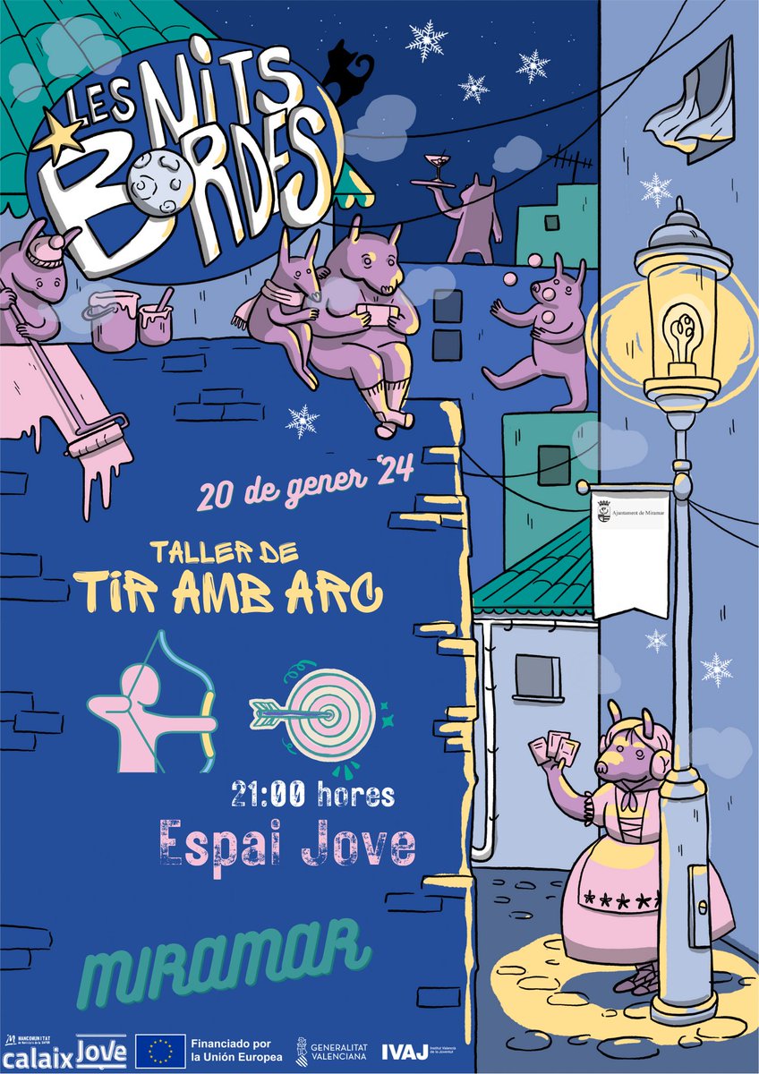 🌙🐈‍⬛Les #Nitsbordes (Programa comarcal d'oci nocturn)

🎯 Tir amb arc
📅 Dissabte 20 gener
⏱️ 21h
📍Espai Jove Miramar @espaijovemiramar
🙍🏻‍♂️🙍‍♀️Joves entre 12 i 30 anys

👉 Incripcions: <a href="/espaijovexeraco/">Espai Jove Xeraco</a>

#OciEducatiu #CalaixJove #MancoSafor #IVAJ #XarxaJove #FonsEuropeus #Erasmus