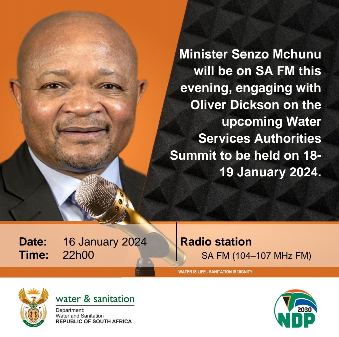 Senzo_Mchunu_'s tweet photo. Interview alert ⚠️ || Will be on @SAfmRadio this evening, unpacking the upcoming Water Services Authorities Summit to be held on 18-19 January 2024 #WSASummit2024 #ServiceDeliveryAcceleration https://t.co/vEHpFqRiac