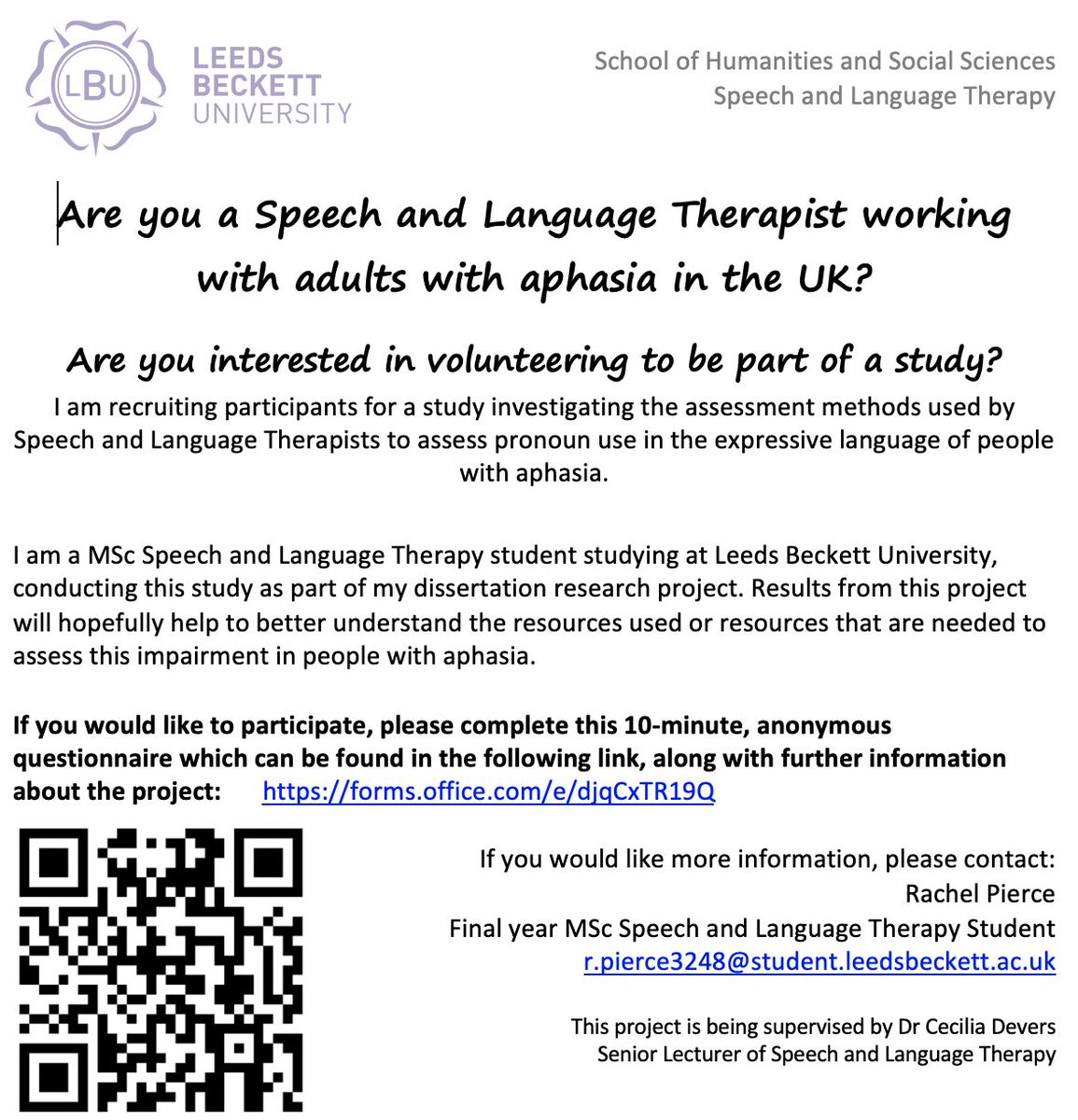 Rachel Pierce (@rachp_slt) on Twitter photo I am recruiting #SLTs who work with people with #aphasia to take part in my MSc Speech and Language Therapy dissertation project. Please see below for the project advert. I am very grateful for anyone who takes the time to participate. <a href="/SLTBeckett/">SLT at Leeds Beckett</a>
forms.office.com/e/djqCxTR19Q I am recruiting #SLTs who work with people with #aphasia to take part in my MSc Speech and Language Therapy dissertation project. Please see below for the project advert. I am very grateful for anyone who takes the time to participate. <a href="/SLTBeckett/">SLT at Leeds Beckett</a>
forms.office.com/e/djqCxTR19Q