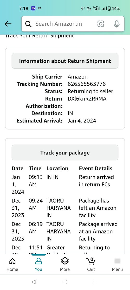 sampurna0705's tweet photo. @amazonIN where is my refund. The product was picked up from my address on Dec 30. Since Jan, ur pg shows no progress. Ridiculous. Customer care can't be contacted too https://t.co/5fZlpTqzB8