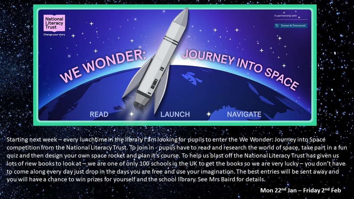 StNiniansLib's tweet photo. A new library #STEM initiative starting on Monday all thanks to @Literacy_Trust #WeWonder #JourneyIntoSpace - new books, amazing possibilities, design a rocket, plan an adventure, prizes to be won, Stemtastic fun. Open to all BGE pupils. https://t.co/ShFuAYVDfd