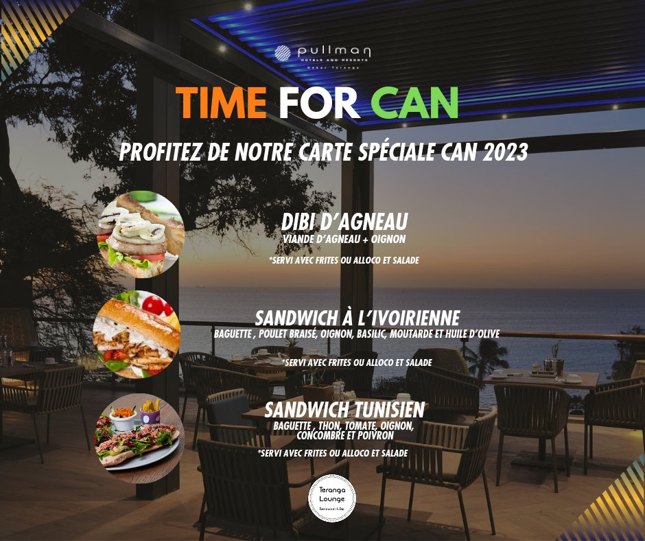 ⚽️TIME FOR CAN ⚽️

Venez soutenir votre équipe favorite et profitez de notre carte spéciale CAN 2023.

La formule CAN est composée d'un sandwich* + 1 soft ou 1 bière flag 33cl à 7500fcfa/personne !

*servi avec frites ou alloco et salade

☎️ 78 631 82 82
