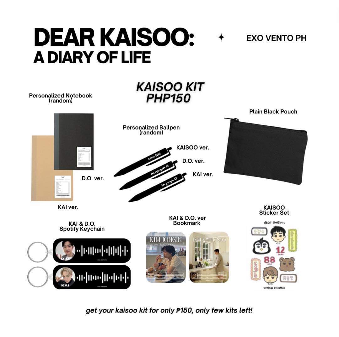 exovento408's tweet photo. Get our limited “Dear KaiSoo: A Diary of Life” KIT ✨ 

— selling our extra cse kit from the event last saturday for only ₱150! (limited) 

⊹ mop: gcash
⊹ mod: direct j&amp;t

↪︎ dm/reply mine to claim! 

🏷 wts lfb ph exo kai kyungsoo d.o. kaisoo kit

#EXOVPHDearKaiSoo https://t.co/DBQkI4YiiT