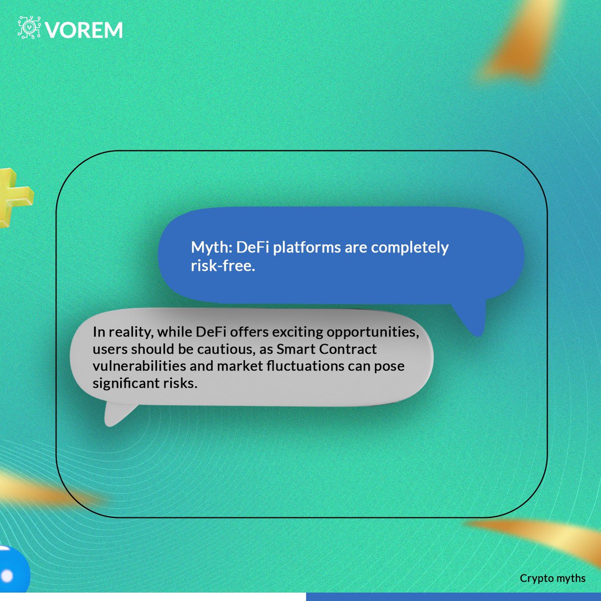 vorem_co's tweet photo. Remember, though Defi offers incredible opportunities, caution is key. 

Smart Contract vulnerabilities and market fluctuations are real risks. Stay informed, tread wisely.

#cryptomyths #voremcrypto
#crypto101 #blockchainexplained
#Voremexchange
#exchangecrypto https://t.co/PoWw91j2yF