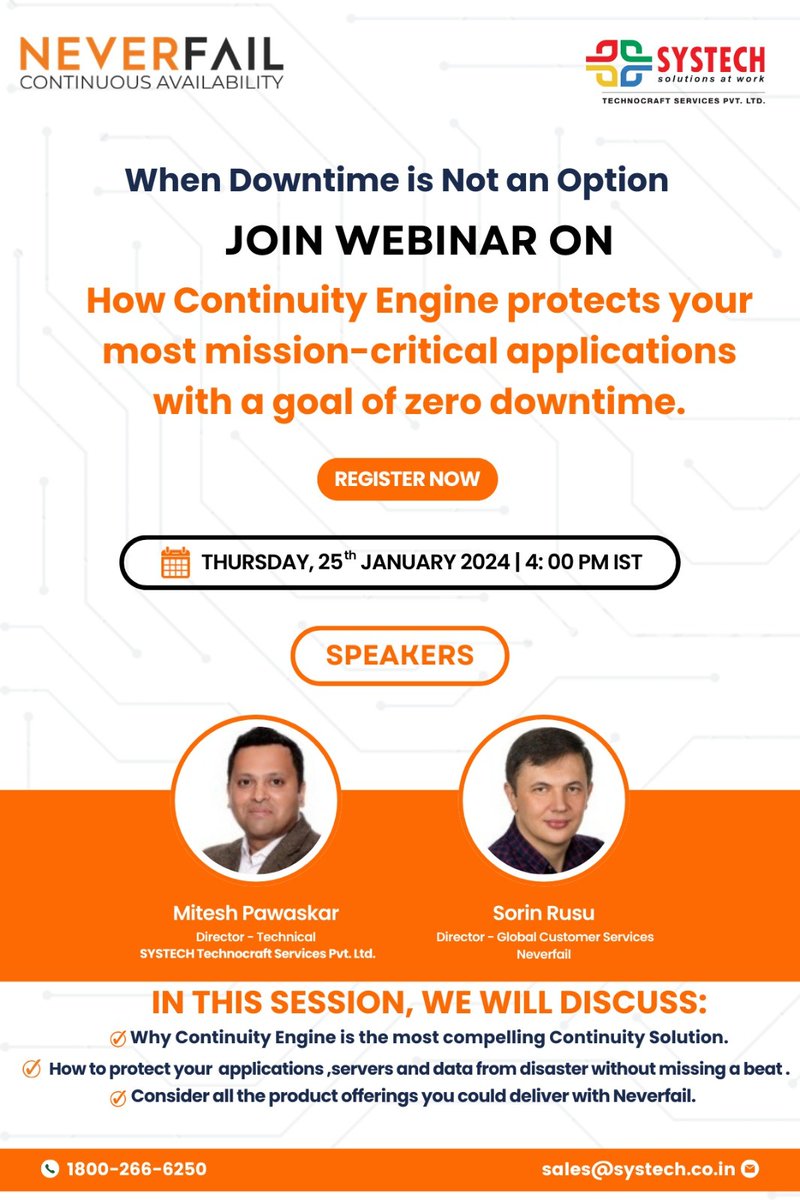 SYSTECHMar76440's tweet image. Join Webinar on How Continuity Engine protects your most mission-critical applications with a goal of zero downtime.

Register Now: bitly.ws/39ymv

#neverfail #systech #cios #cto #DirectorIT