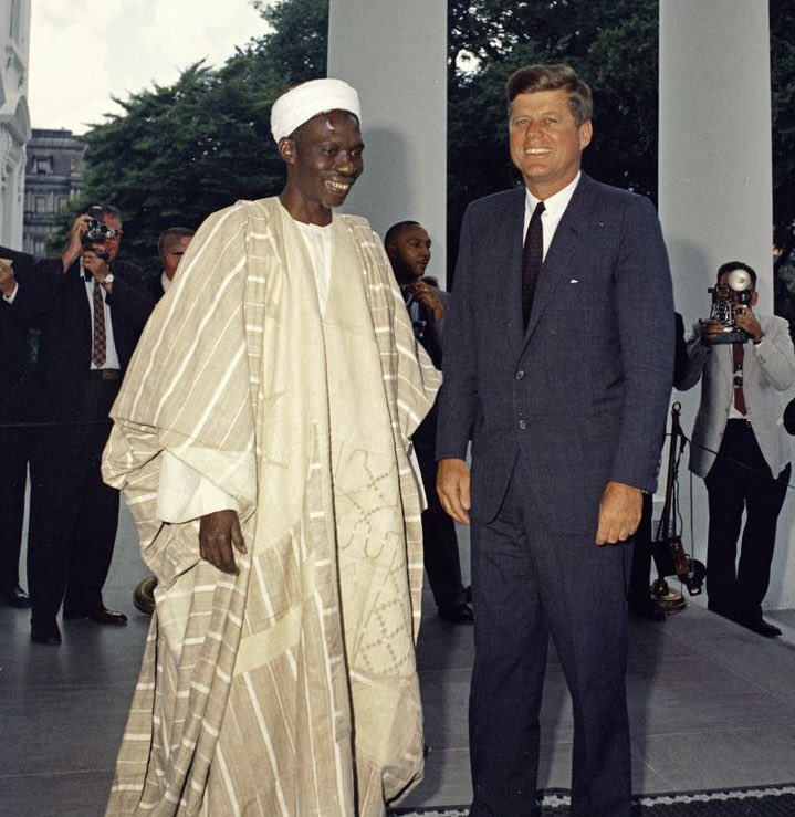 renoomokri's tweet photo. Prime Minister Abubakar Tafawa Balewa and President John F Kennedy on July 25, 1961. Within a few years, both men would be assassinated by gunmen. 

#TableShaker https://t.co/Pi4xu447bQ