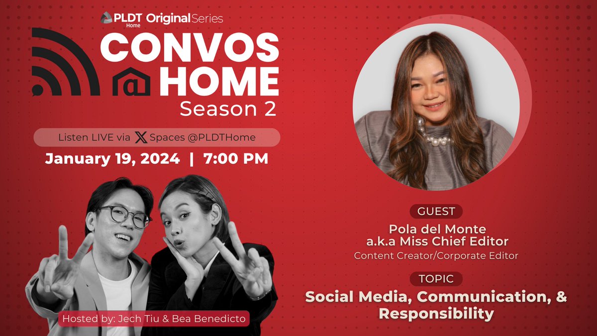 Learn how you can improve the way you use social media this year from Pola del Monte a.k.a Miss Chief Editor! 🔥 Join @jechtiu and @bea_benedicto for this week's episode of #ConvosAtHomePLDTHome. SET a reminder or JOIN here: x.com/i/spaces/1nake…