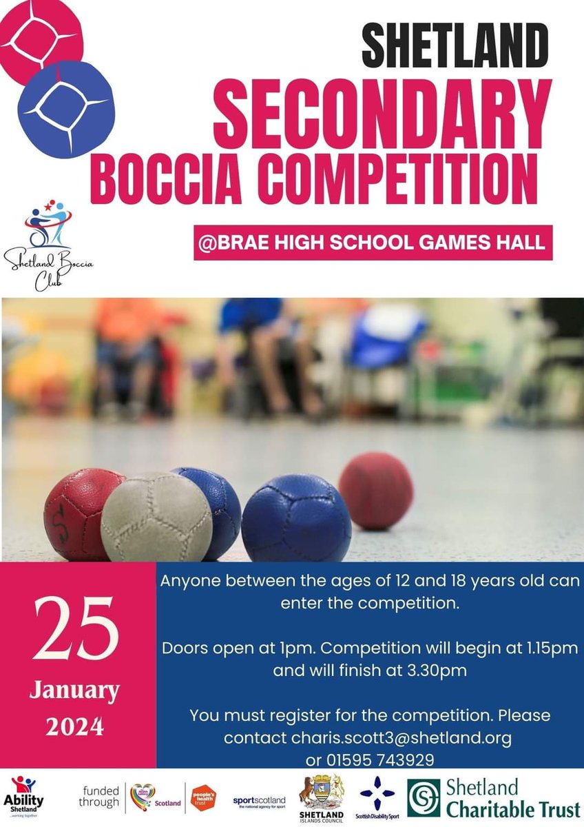 Shetland's Secondary School Boccia Competition is next week! This is a qualifier event for the National Schools Boccia Competition in March 2024. Last year, we had four young people travel down to the competition to represent Shetland. @SDS_sport @Peoples_health