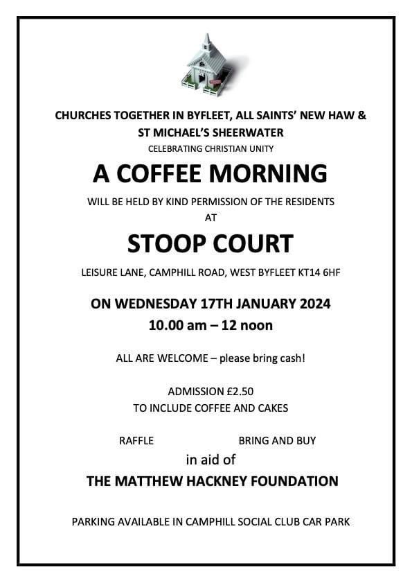 BCNewsletter's tweet image. Churches Together organised by the local World Day of Prayer committee is holding a coffee morning tomorrow to support @TheMatthewHack2 all welcome! 
#byfleetvillage #church #coffeemorning #woking #churchestogether #matthewhackneyfoundation #westbyfleet