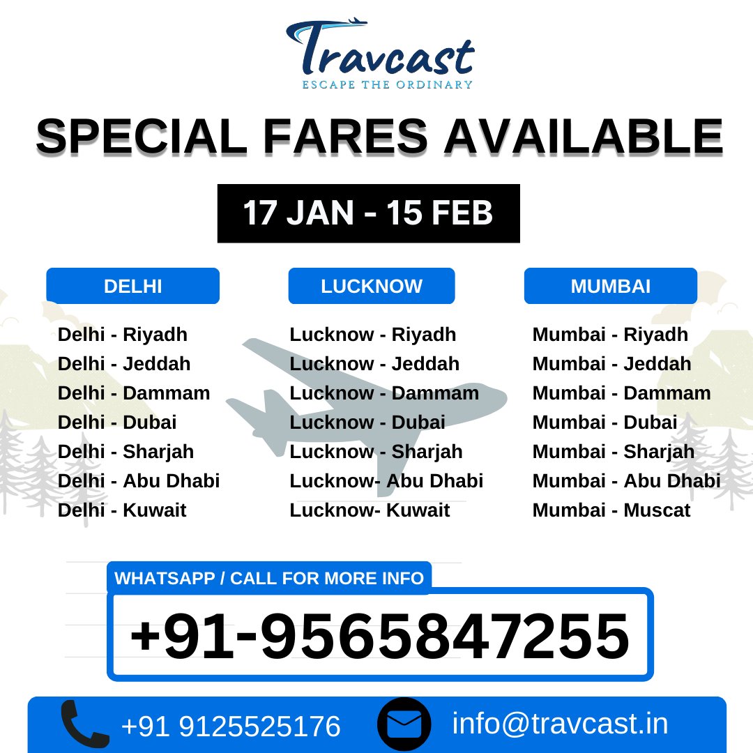 travcast's tweet photo. We've got special/group #flighttickets fares you won't want to miss for sectors -#Delhi #Mumbai and #Lucknow. Reach out for any query.

#airfare #airlines #groupfare #specialfare #indigo #SpiceJet #vistara #AirIndia #AirIndiaExpress #saudiairlines #flynas #salamair #Mumbaiairport https://t.co/axnouJf9r7