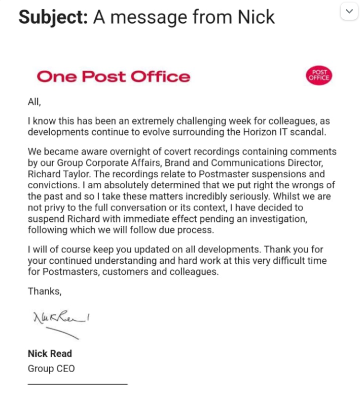 More on Richard Taylor, serving director of comms at the Post Office, who disparaged campaigning Subpostmasters and (incorrectly) stated it has never been proved the Horizon IT system caused holes in Subpostmaster branch accounts: