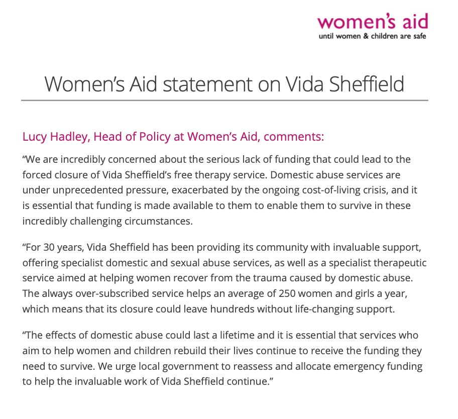 vida_sheffield's tweet photo. We are hugely grateful to all our supporters, friends and allies. With a special thanks to @womensaid for their statement of support highlighting our desperate situation:
#Vidameanslife
#saveVida
#womenshealth
#mentalhealth
#trauma
#therapy
#recovery
#Sheffield https://t.co/dPcQiIVXnQ