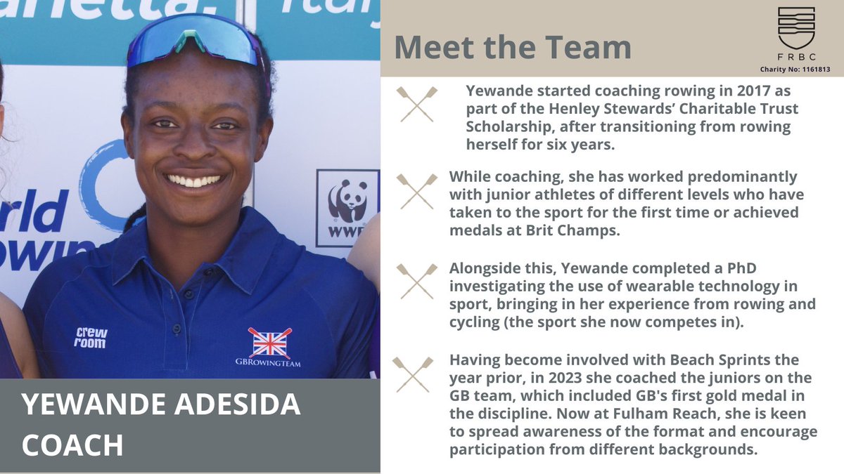 FulhamReachBC's tweet photo. Delighted to introduce Coach Yewande Adesida!
π£πΏββοΈA rowing coach since 2017
πHer PhD focused on wearable tech in sport, drawing on her #rowing & #cycling background.
π₯in 2023 she coached GB's beach sprint juniors which included GB's first gold medal in the discipline!
#TeamFRBC https://t.co/0BPkOQVTU7