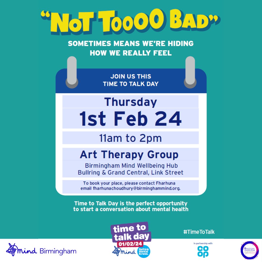 Join us this #TimeToTalk Day as <a href="/BirminghamTTC/">Birmingham Mind Associates Group</a> chat about all things art 🎨 🧑‍🎨 🎉 

Pop along to our central Birmingham Wellbeing Hub to see some of their artwork &amp; to learn how art has helped them to campaign to end stigma and discrimination related to mental health problems.