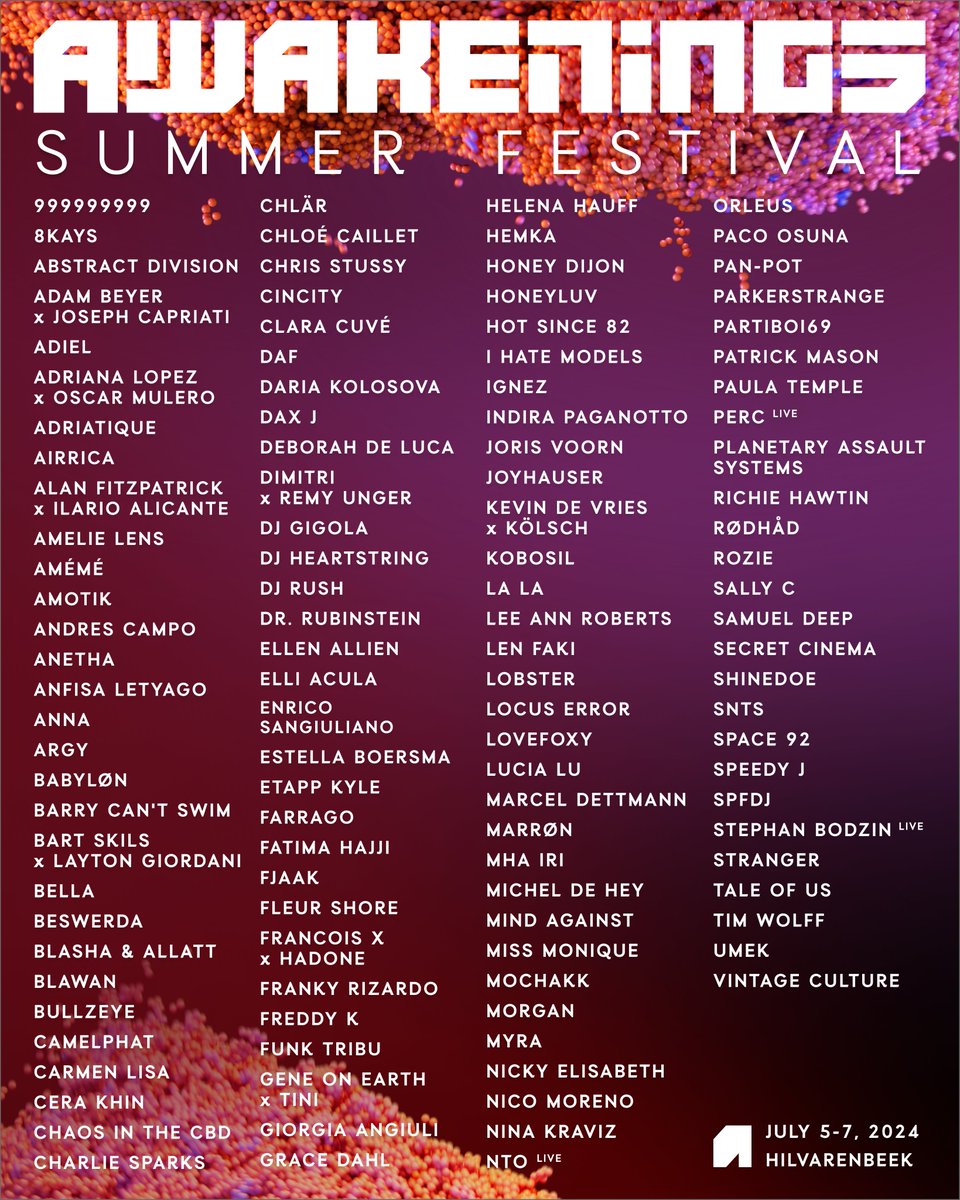 125+ OF TECHNO’S FAVORITES - The biggest lineup of the year!🥵​
🎟 Ticket on sale: 20:00 CET today
Get ready to check off Awakenings Summer Festival from your bucket list and join us for the ultimate three-day techno holiday!☀️

Day to day line up: awak.enin.gs/48SaI2o