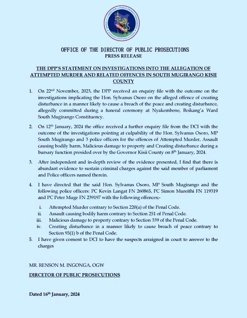 gabrieloguda's tweet photo. BREAKING NEWS: South Mugirango MP Sylvanus Osoro to be charged with attempted murder of Kisii Governor Simba Arati, the DPP orders. https://t.co/UMCo6M5ZOI