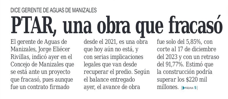 jcardonaleon's tweet photo. Una obra que en 2019 valía $ 105.000.000 millones, ahora podría costar $ 220.000.000 millones. Por ahora ya se perdieron $ 40.000 millones. Ocurrió en Manizales con la obra de la PTAR. @CGR_Colombia, @PGN_COL, @FiscaliaCol, @WRadioColombia, @lafm, @SeptimoDiaTV https://t.co/Bn6cOdAbko